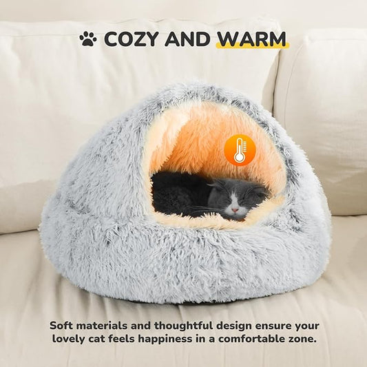 CATISM Cat Bed, Plush Hooded Cat Beds for Indoor Cats, Calming Cat Nest, Self Warming Cat Bed Cave, Cozy Cat Pod for Indoor Cat or Small Dog, Removable Washable Cat Cove with Non-Slip Bottom - PAWPICO