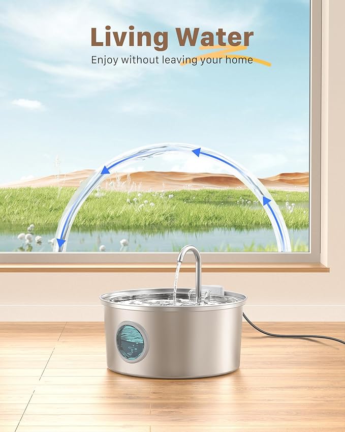 Cat Water Fountain Stainless Steel - Dog Automatic Waterer Bowl - Auto Pet Dispenser - Small Pets Drinking Waterer Indoor - Auto Dish Animal Fountains - 108oz/3.2L Metal Self Kitty Watering Supplies - PAWPICO
