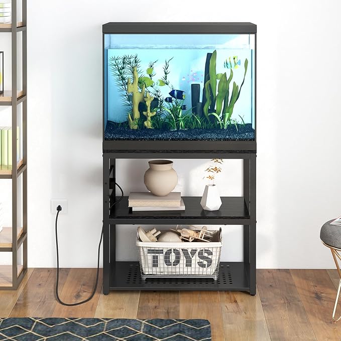 20-29 Gallon Fish Tank Stand with Power Outlets, 3-Tier Metal Aquarium Stand, Breeder Reptile Tank Stand with Shelf for Home Office, 660LBS Capacity, 29.5 x 15.8 x 30.1 inches, Black Livofloral
