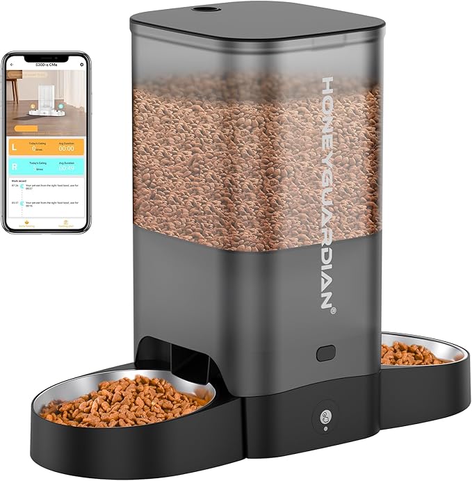 HoneyGuaridan 5L Automatic Cat Feeder for Two Cats, 2.4G WiFi Enabled Smart Feed Pet Feeder with Stainless Steel Bowl,APP Control Dispenser, Dual Power Supply,10s Meal Call Black - PAWPICO