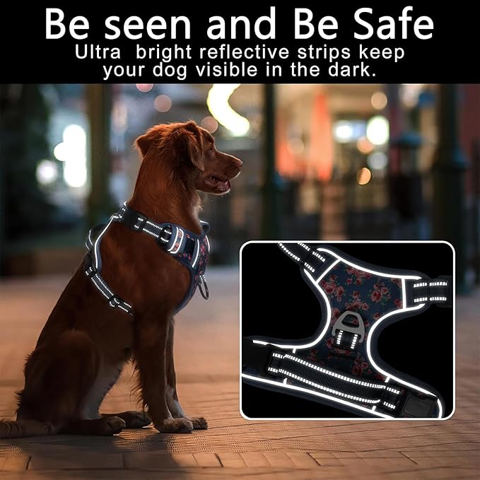 Timos Dog Harness for Large Dog, No Pull Service Vest with Reflective Strips and Control Handle,No Choke Dog Harness with 2 Metal Rings for Easy Walking,Outdoor Training,Flower Blue, L Timos