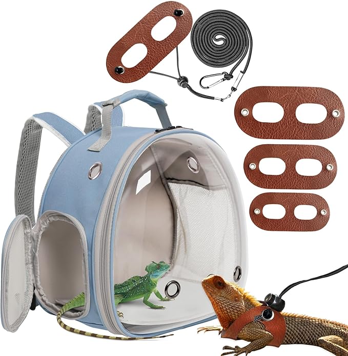 Small Animal Portable Backpack Carrier with Leather Harness and Leash Set,Space Capsule Clear Bubble Window Travel Backpack for Bearded Dragon,Guinea Pig,Rabbit,Airline Approved WEVONIGU