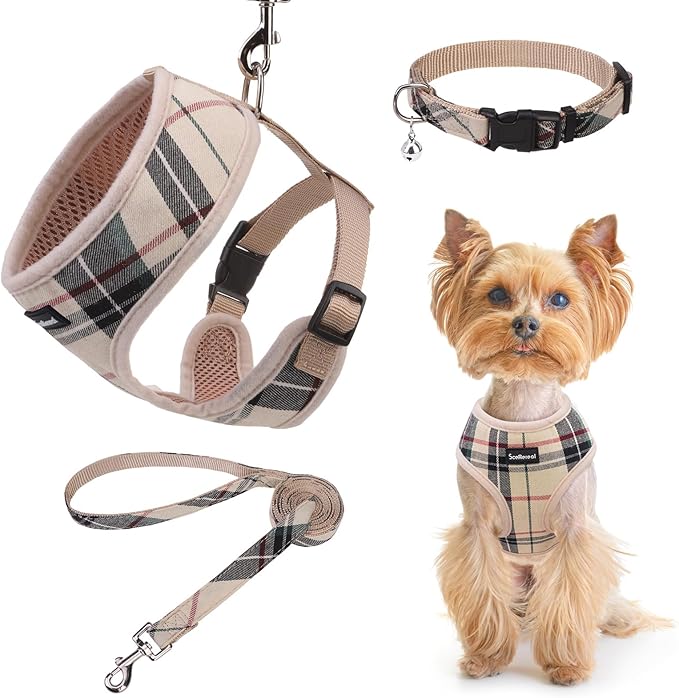 SCENEREAL No Pull Dog Harness Collar and Leash Set Small Medium Sized Dog, Soft Mesh Step in Puppy Harnesses, No Chock Plaid Adjustible Pet Vest for Outdoor Walking Training and Running, Beige S SCENEREAL