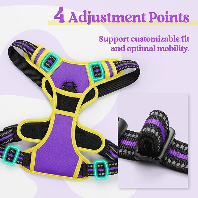 rabbitgoo Dog Harness No Pull with 2 Leash Clips, Adjustable Soft Padded, Reflective Oxford No Choke Pet Vest with Easy Control Handle for Large Dogs, Purple & Yellow, L rabbitgoo