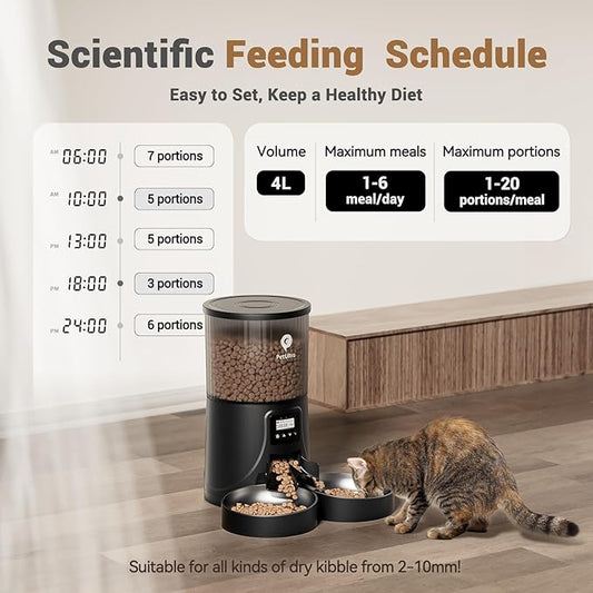 Automatic Cat Feeder 2 Cats: Dual Cat Feeder Automatic- Timed Auto Feeder 16 Cups/4L Cat Food Dispenser& Dual Power Auto Pet Feeder for Indoor Cat&Dog with Stainless Steel Bowl - PAWPICO