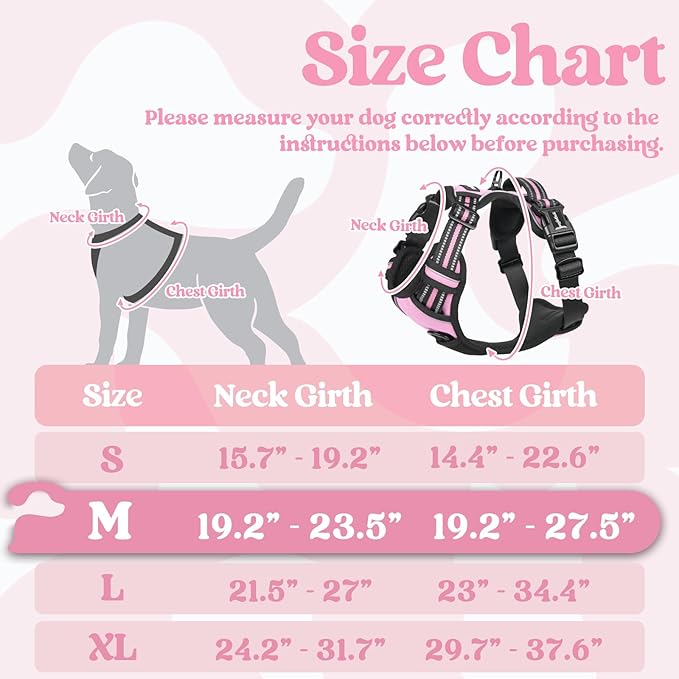 rabbitgoo Dog Harness Medium Sized, No Pull Pet Harness with 3 Buckles, Adjustable Soft Padded Pooch Vest with Instant Control Handle, Easy Walking Reflective Pet Vest for Medium Dogs, Pink, M rabbitgoo