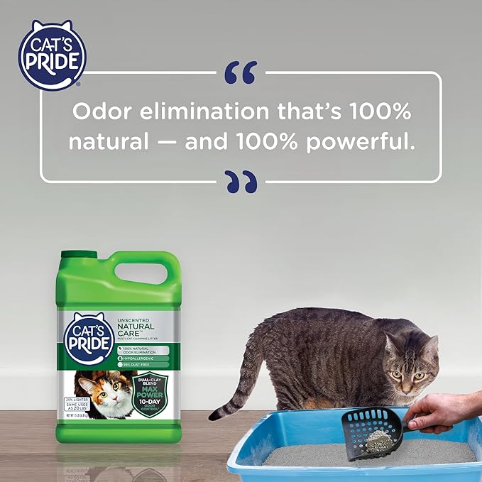 Cat's Pride Max Power: Natural Care - Up to 10 Days of Powerful Odor Control - 100% Natural Odor Elimination - Hypoallergenic - 99% Dust Free - Multi-Cat Clumping Litter, Unscented, 15 Pounds - PAWPICO