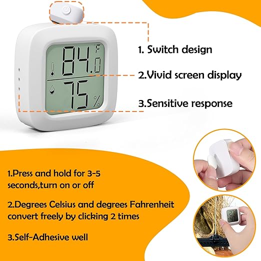 2 PCS Reptile Thermometer and Humidity Gauge for Reptile Tank with On-Off, Reptile Tank Accessories for Jumping Spider, Leopard Gecko, Hermit Crab, Gecko, Ball Python, Lizard BSRESIN