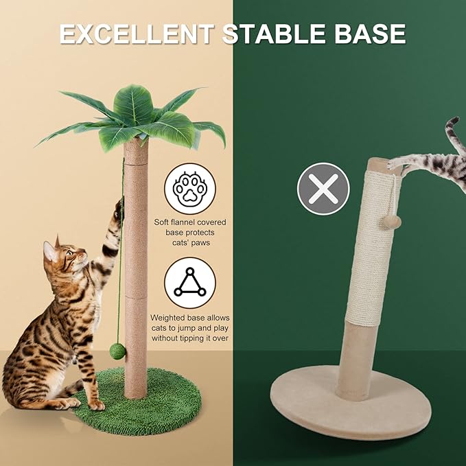 Odoland Cat Scratching Post - Indoor 33 inch Palm Tree Sisal Scratch Posts with Dangling Balls for Kitten and Large Cat - Vertical Scratcher Cute Cat Scratching Post Fun Cat Toy Green - PAWPICO