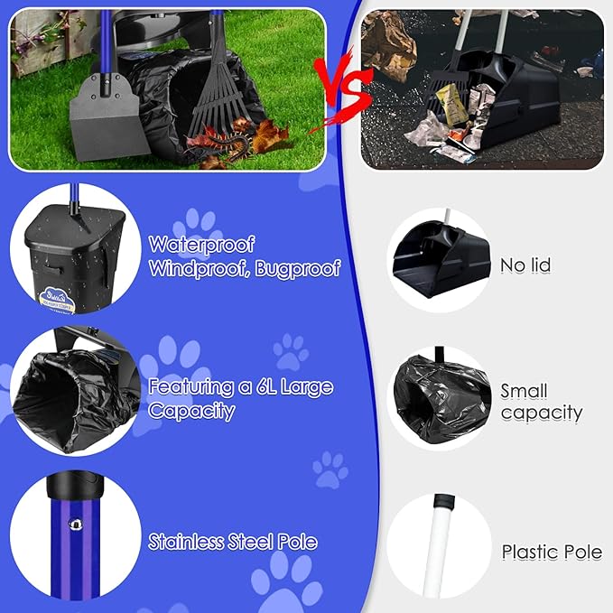 SlowTon Dog Pooper Scooper - 37.4" Long Handle Adjustable Metal Swivel Bin & Rake & Spade Kit with 20 Waste Bags, Portable Pooper Scooper for Gravel Lawn Grass, Suit for Small Medium Large Dog - PAWPICO
