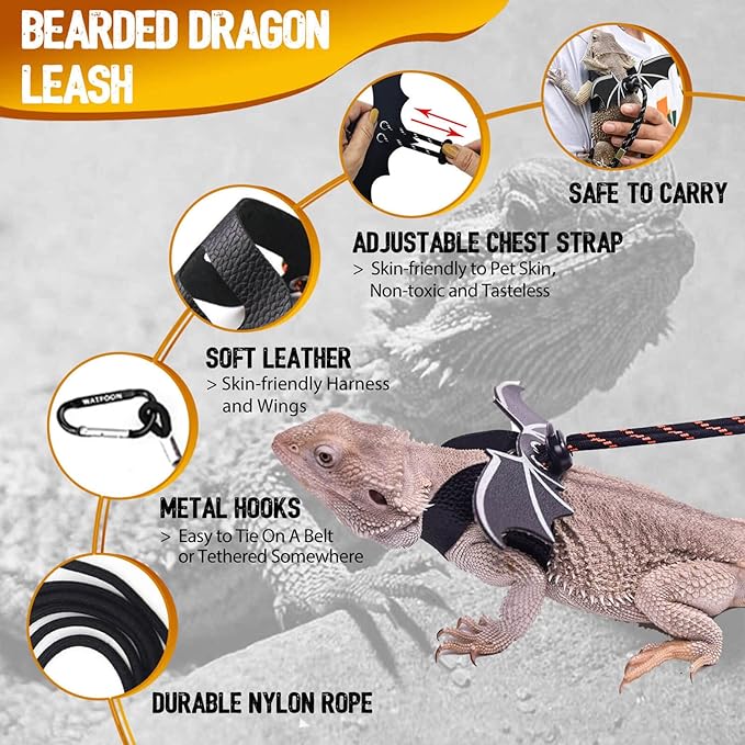 WATFOON Adjustable Lizard Leather Leash Harness and Bearded Dragon Carrier Sling, Reptile Small Pet Training Leashes and Beardie Snuggle Sling Bag for Outdoor Travel(Zipper XL Black Sling) WATFOONpets