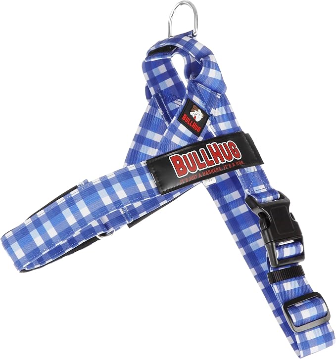 BULLHUG Harness – Made for Larger Chested Dogs Like English Bulldogs, French Bulldogs, Pugs & More. Stops Dogs from Pulling & Choking on Walks (BLUEWHITE Med) BULLHUG
