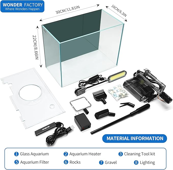 3 Gallon Betta Fish Tank Small Aquarium Starter Kit, with Heater Self Cleaning System Efficiency Filter Bright Light Rocks Gravel Cleaning Tool Set, HD Float Complete Glass Leak-Proof Gift Present WONDERFACTORY