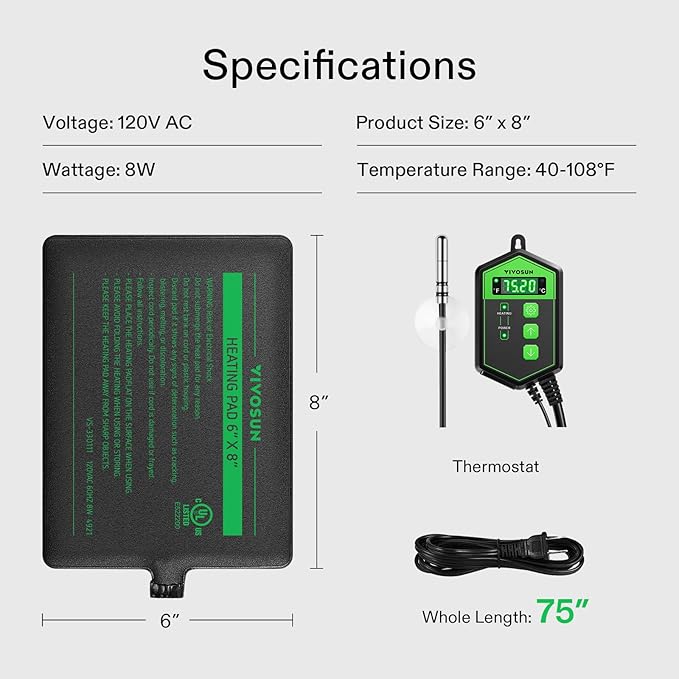 VIVOSUN Reptile Heating Pad 6x8 Inch with Thermostat Combo Under Tank Terrarium Heating Mat for Turtles, Lizards, Frogs, and Other Reptiles VIVOSUN