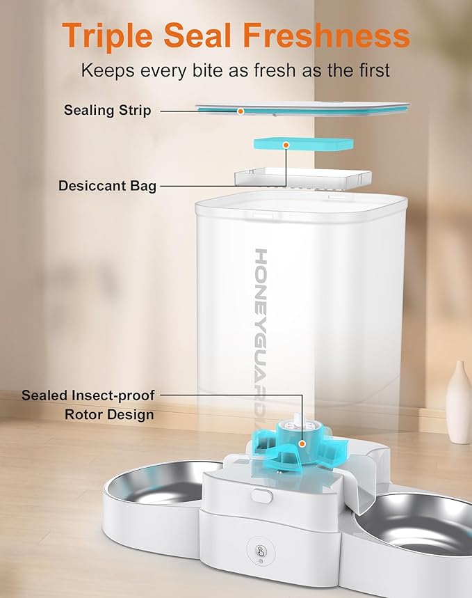 HoneyGuaridan 5L Automatic Cat Feeder for Two Cats, 2.4G WiFi Enabled Smart Feed Pet Feeder with Stainless Steel Bowl,APP Control Dispenser, Dual Power Supply,Desiccant Bag,10s Meal Call White - PAWPICO