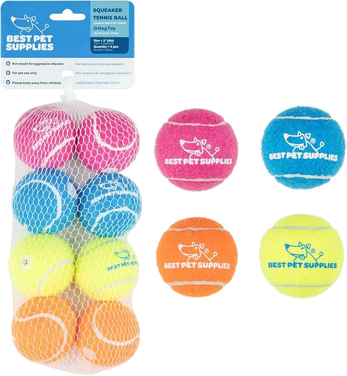 Best Pet Supplies Squeaky Tennis Toys for Dogs, 8-Pack, Heavy-Duty Interactive Pet Toys for Throwing and Fetching, Supports Exercise and Natural Behavior Training, Durable - Small - PAWPICO