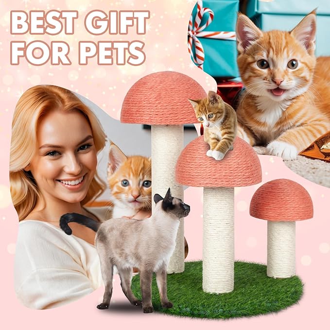 PowerKing Cat Scratching Post, Mushroom Claw Scratching Post for Cat, Natural Sisal Cat Scratchers with 3 Mushroom Pole, Cat Interactive Toys - PAWPICO
