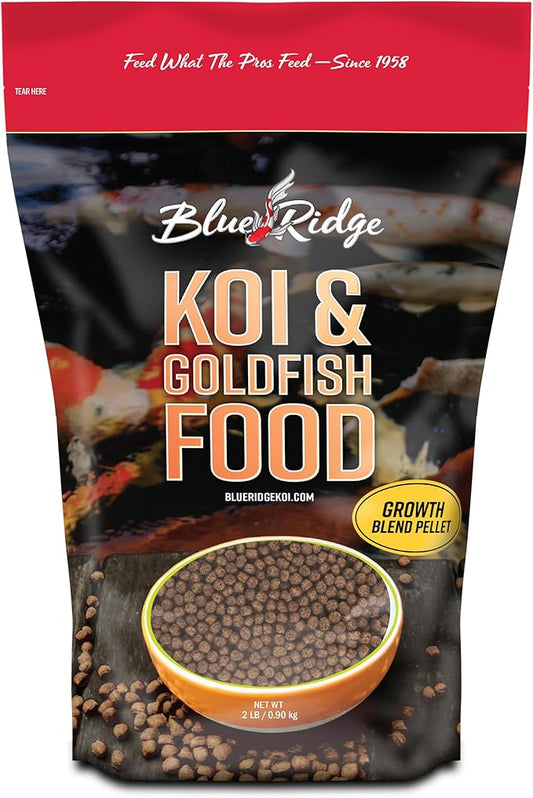 Blue Ridge Koi Fish Food 2lb - Koi Food 3/16” Large and Mini Blend Growth Formula, Goldfish Food, Premium Fish Food for Ponds, Ponds Fish Food, Floating Pond Pellets BlueRidgeFishHatchery