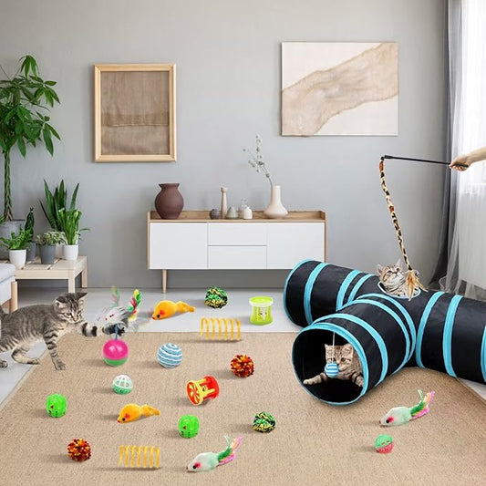 Malier Cat Toys Kitten Toys Set, Collapsible Cat Tunnels for Indoor Cats, Interactive Kitty Toys Cat Feather Toy Fluffy Mouse Crinkle Balls Cat 3 Way Tube Tunnel Toys for Cat Puppy Kitty Kitten - PAWPICO