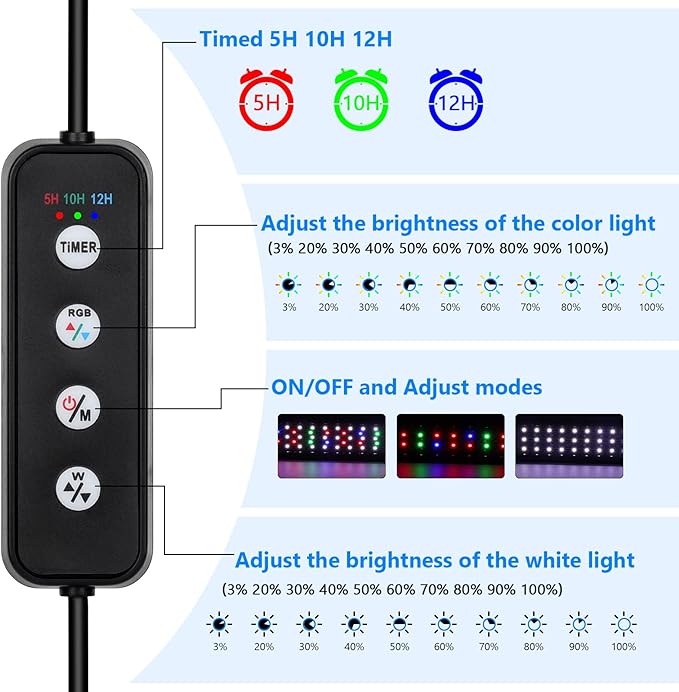 AQQA Aquarium Light,Full Spectrum Fish Tank Light for Plants,3 Mode+Timer+Adjustable Brightness,High Brightness LED Beads with Extendable Brackets for Freshwater (30W for 40-48inch) AQQA