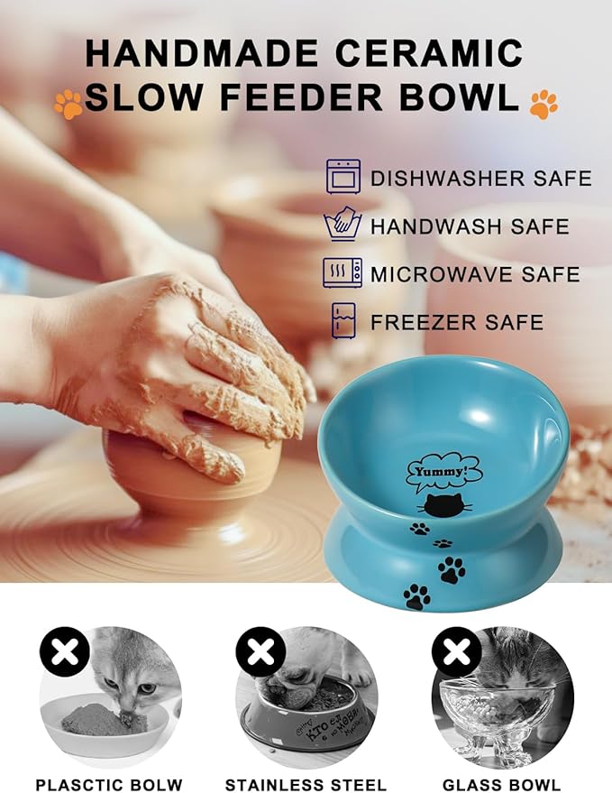Y YHY Elevated Cat Food Bowl, Ceramic Raised Cat Bowl, Tilt Angle Protect Cat's Spine, Anti Vomiting Cat Dish, Backflow Prevention, Lake Blue - PAWPICO