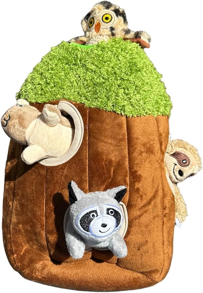 Animals in Tree Hide and Seek Dog Toy for Small and Medium Size Dogs, Plush Animials Inside Trunk Dog Toy with Squeaker, Interactive Burrow Dog Toy. (Medium Tree with Raccoon, Squirrel, Sloth and Owl) - PAWPICO