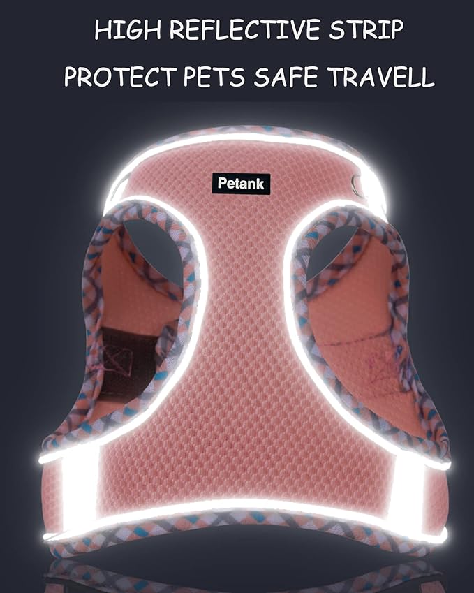 Petank Dog Harness (Pink, L) - Jacquard Mesh, Velcro Design, Reflective Strip, No Pull, Puppy Harness and Leash Set, Small to Medium Dogs, Walking, Running, Training Petank