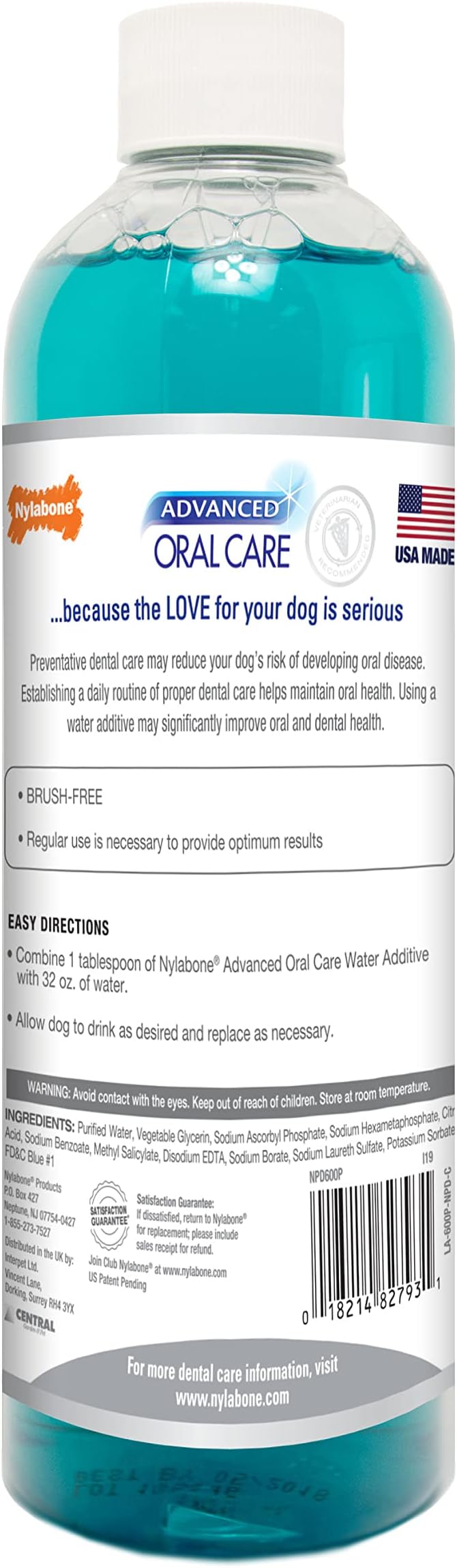 Nylabone Advanced Oral Care Dog Water Additive for Dental Care - Liquid Tartar Remover - Dog Breath Freshener & Teeth-Cleaning Liquid (16 oz.) Nylabone