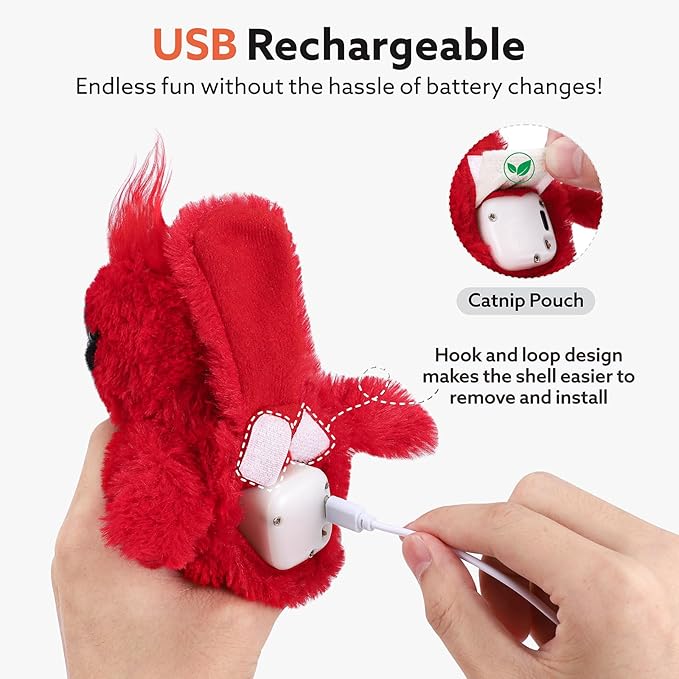 Flapping Cardinal Cat Toys, Interactive Cat Exercise Toy with Lifelike Bird Chirp, USB Rechargeable Automatic Cat Kicker Catnip Toys for Bored Indoor Adult Cats Kittens - PAWPICO