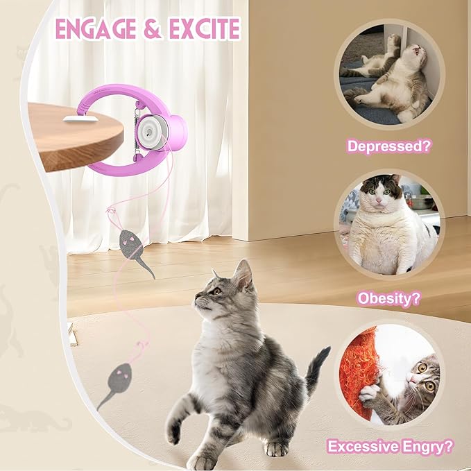 Cat Toy Interactive for Indoor Cats, Smart USB Rechargeable Door Hanging Automatic Retractable Kitten Toys, Teaser Electronic Self Play Feather Cat String Toys Attached with 3 Catnip Mice Pink - PAWPICO