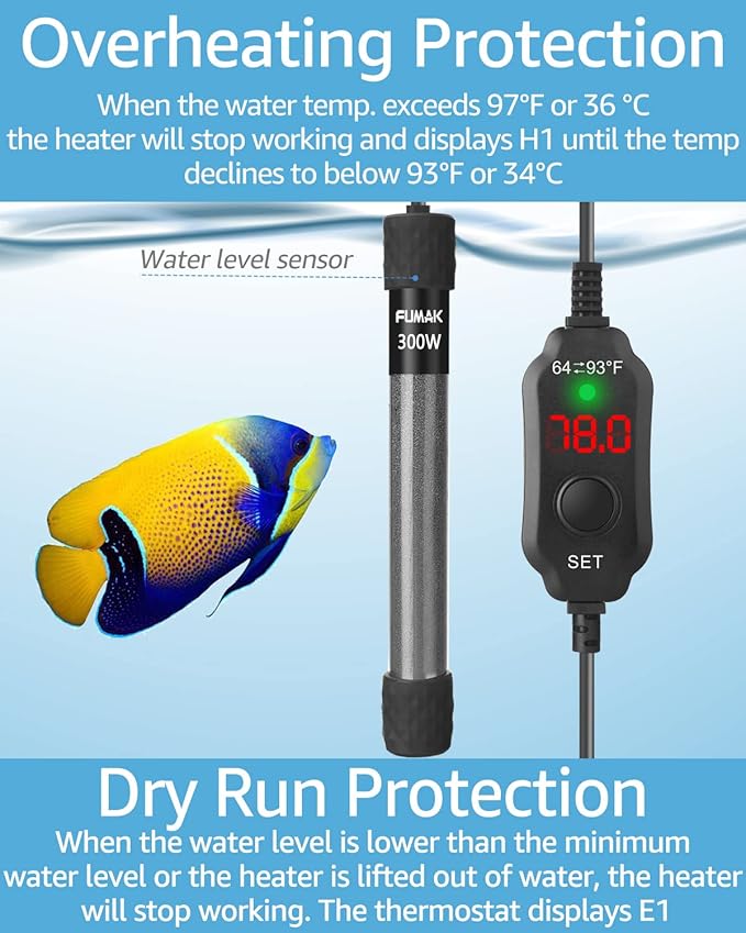 300W Adjustable Aquarium Heater Super Short Submersible Fish Tank Heater Fish Heater with LED Digital Display Thermostat, for Tanks 40-60 Gallons FUMAK