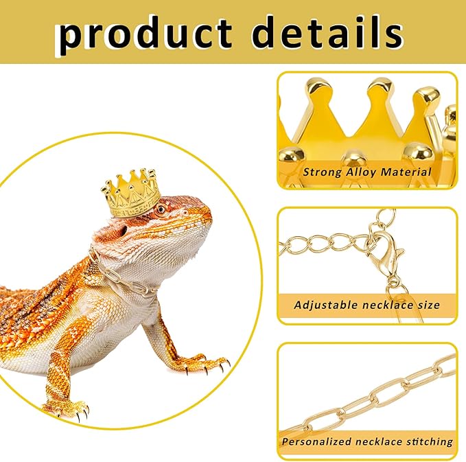 8 Pieces Lizard Crown Necklace Set Bearded Dragon Crown and Chain Gold and Silver Alloy Reptile Clothes Accessories Lizard Photo Props for Bearded Dragons Iguana Amphibians and Other Small Animals MTLEE