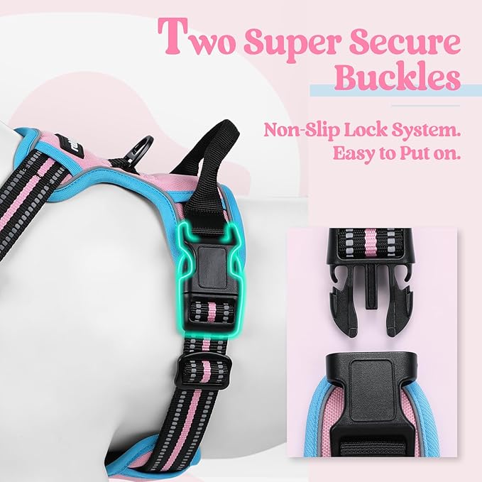 rabbitgoo Dog Harness No Pull with 2 Leash Clips, Adjustable Soft Padded, Reflective Oxford No Choke Pet Vest with Easy Control Handle for Medium Sized Dogs, Pink & Blue, M rabbitgoo