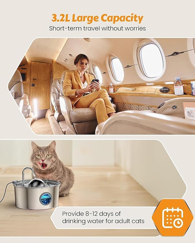 AONBOY Cat Water Fountain with Water Level Window, 108oz/3.2L Cat Fountain Stainless Steel, 6Filters + 3Sponge Filters, Faucet Shape Dog Water Fountain, Double Noise Reduction Design, Multi Filtration - PAWPICO