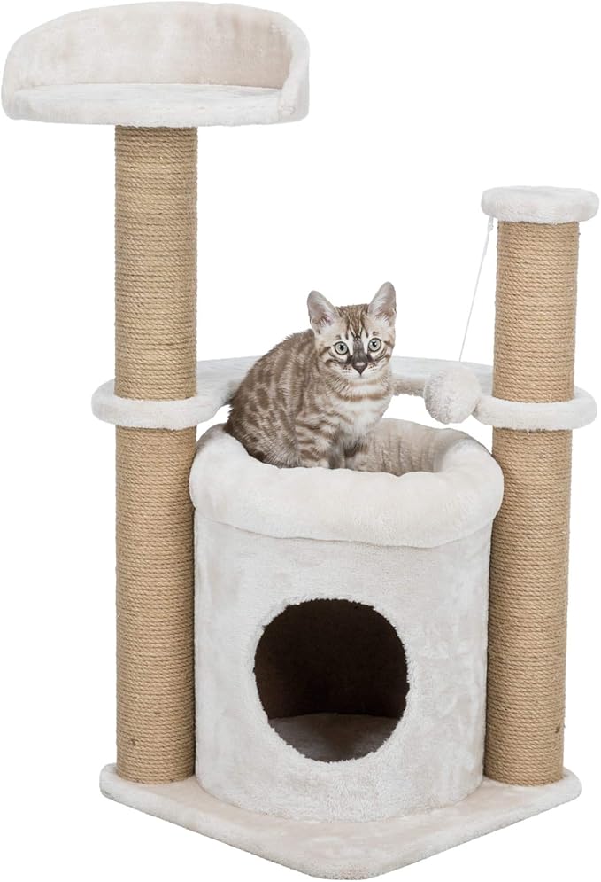 TRIXIE Nayra Cat Scratching Post 32.7 Inch - with Jute-Wrapped Post and Large Condo & Dangling Cat Toy - in Greige-Brown - PAWPICO