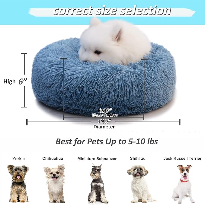 Comfy Calming Dogs Bed for Deep Sleep Small Puppy ,Puppy Bed with Fluffy Donut is for Anxiety Small Dogs,19" Round Soft Faux Fur Pet Bed for Small Dogs Under 15 lbs Machine Washable Blue - PAWPICO