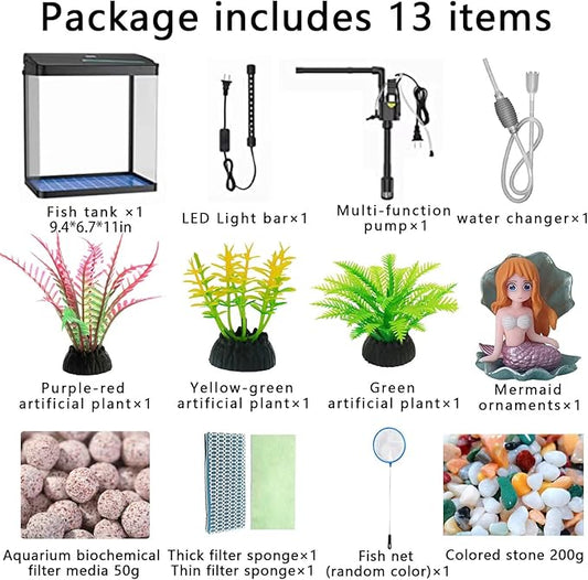 Glass Fish Tank 2.3 Gallon Aquarium Starter Kit Small Betta Fish Tank Desktop Mini Fish Bowl for Shrimp Small Fish with Pump LED Light Simulated Water Plants and Filtering Materials (Black) PAWPICO