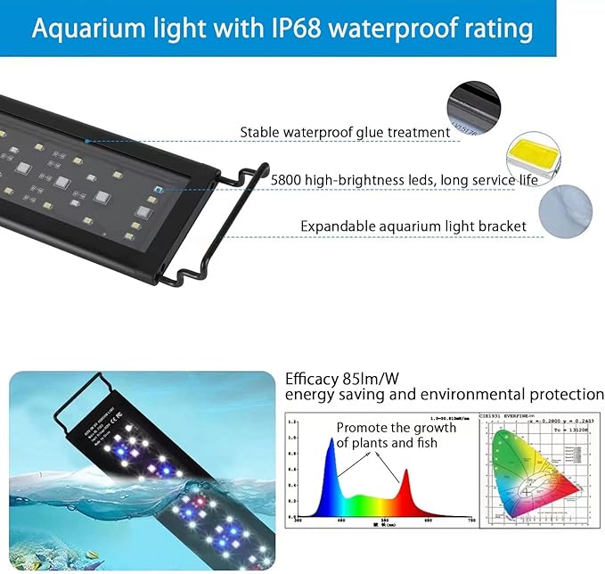 AMZBD Led Aquarium Light,Full Spectrum Aquarium Light,DIY & WRGB Color Temperature Adjustment,3 Timing Modes,Brightness Adjusted Fish Light,Expandable Bracket Aquarium Lamp for Fish Tank(24-30inch) AMZBD