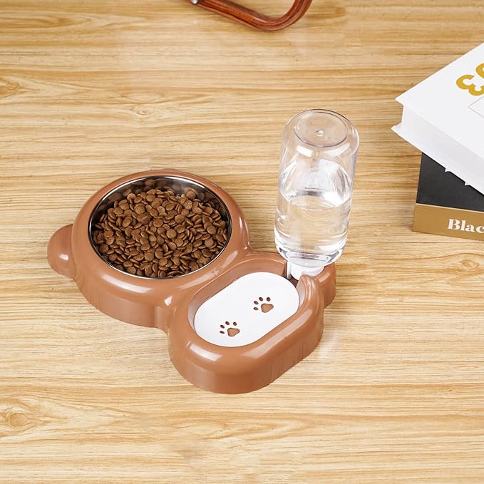 Dog Bowls, Cat Food and Water Bowl Set with Water Dispenser and Stainless Steel Bowl for Cats and Small Dogs - Brown - PAWPICO