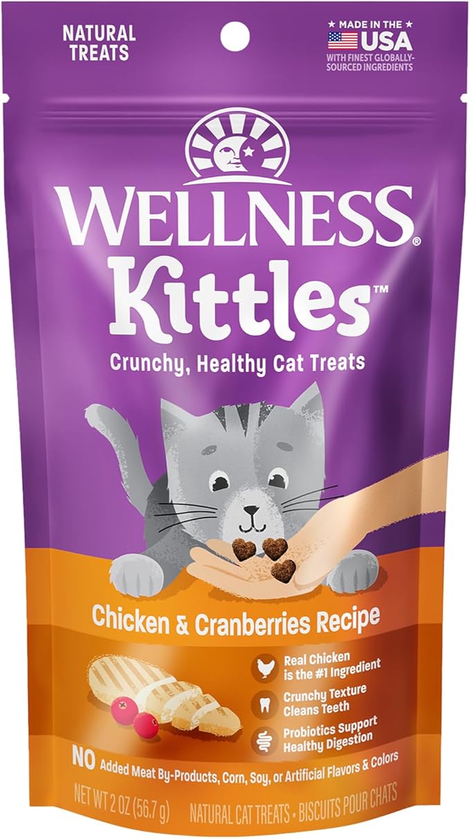 Wellness Kittles Crunchy Natural Grain Free Cat Treats, Chicken & Cranberries Recipe, All Life Stages, 2-Ounce Bag WellnessNaturalPetFood