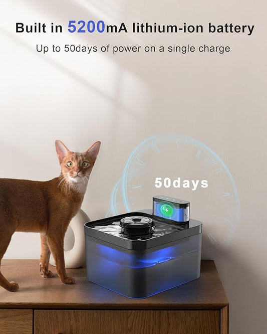 Wireless Cat Water Fountain: Pet Water Fountain Battery Operated,Cat Water Fountain with Motion Sensor,2L/67oz Automatic Cat Fountain for Drinking with Quiet Pump Inside Easy Clean BPA-Free - PAWPICO