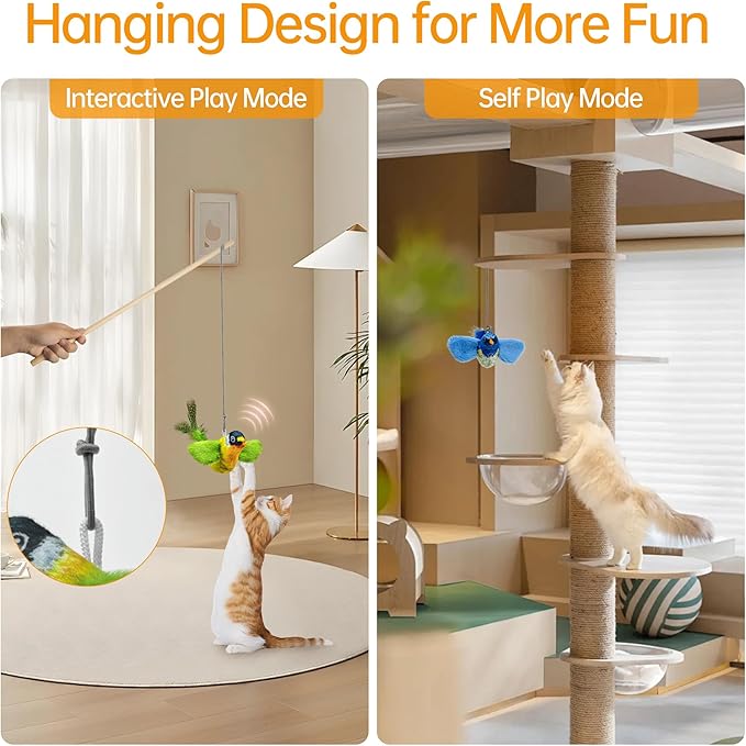Chirping Bird Cat Toys Hanging Cat Feather Toy - Catnip Interactive Cat Toys for Indoor Cats - Automatic Cat Toy for Cat Exercise & Kicker to Self Play (Gray) - PAWPICO