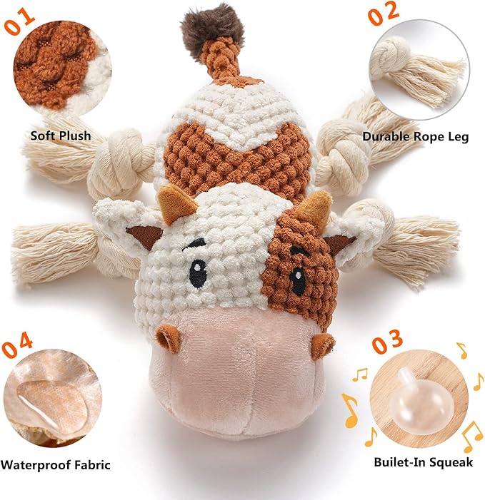 Sedioso Dog Toys, Dog Plush Toy for Large Breed, Cute Squeaky Dog Toys with Crinkle Paper, Dog Chew Toys for Puppy, Small, Middle, Big Dogs (Cow) - PAWPICO