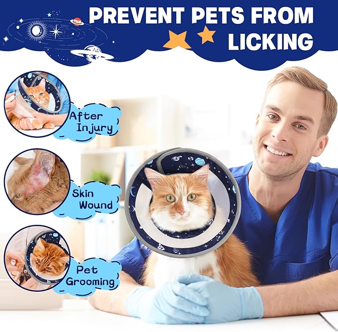 Cat Cone, Breathable Cat Cone Collar Soft, Adjustable Cat Cone to Stop Licking, Water Resistant Neck Cone for Cats with Air Mesh, Protective Cat Recovery E Collar for Cat Kitten(Star,L GoGoPaw