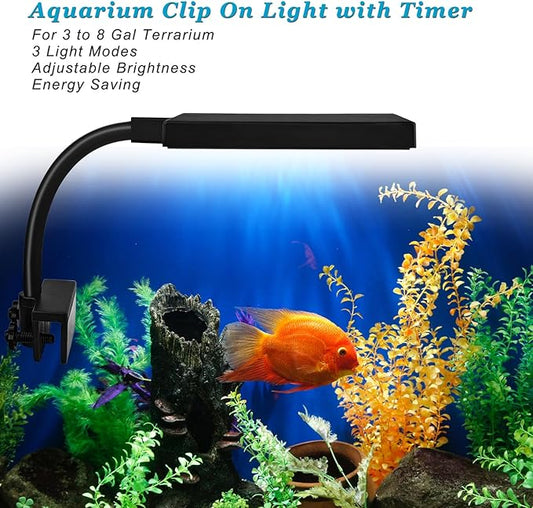 DOMICA Clip On Aquarium Light with Timer for 3 to 8 Gal Fish Tank (Dimmable Full Spectrum LED) USB Moving Lamp for Open Terrarium (Adapter NOT Included) DOMICA