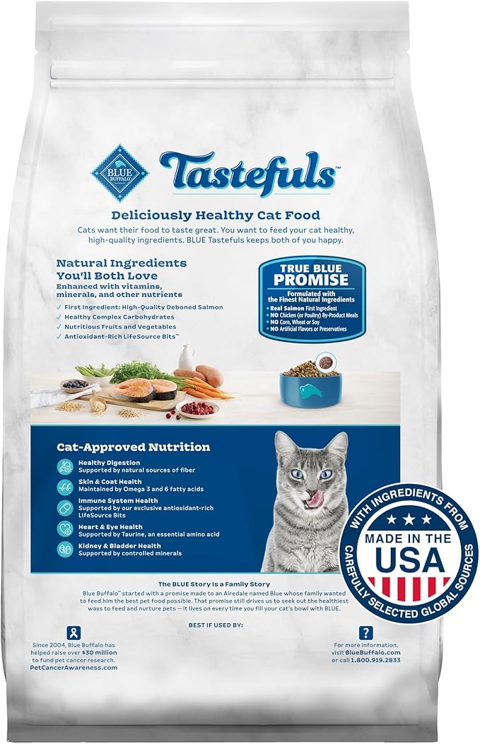 Blue Buffalo Tastefuls Natural Dry Food for Adult Indoor Cats, Salmon & Brown Rice Recipe, 15-lb. Bag - PAWPICO