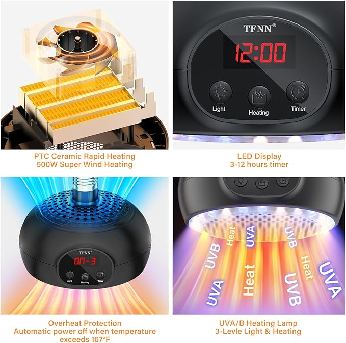 Heat Lamp for Chickens with Holder,200W-350W-500W Reptile Heating Lamp with UVA UVB Ligh 3-6-9-12H Timer, Protable Greenhouse Heater for Outdoor Chicken Coop Indoor Reptile Rabbits Dog Cats TFNN