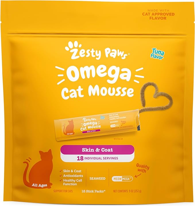 Zesty Paws Omega Cat Mousse Squeezable Cat Treats - with Seaweed, Omega Fatty Acids, Antioxidants Vitamins & Minerals - Skin & Coat Support for Cats - Tuna Fish Flavor - 18 Count ZestyPaws