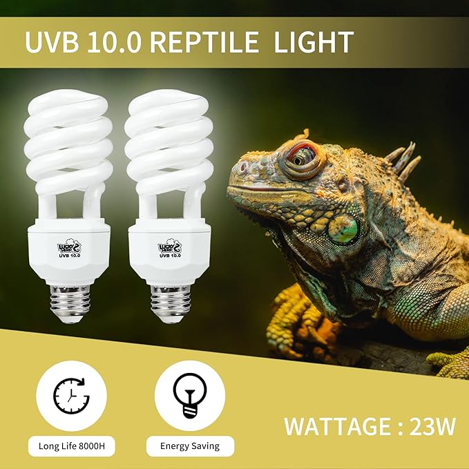 LUCKY HERP 2 Pack UVA UVB Reptile Light, 23W 10.0 UVB Bulb for Desert Reptiles, Compact Fluorescent Terrarium Lamp, Reptile UVB Bulb for Bearded Dragon, Lizard, Tortoise LUCKYHERP