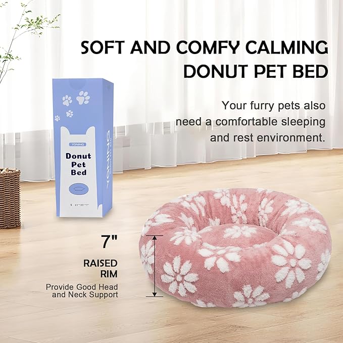 Donut Dog Beds for Small Dogs, Calming Round Cat Beds for Indoor Cats, Cute 3D Textured Flower Pet Bed with Removable Washable Cover and Anti-Slip Bottom(Pink,23") - PAWPICO